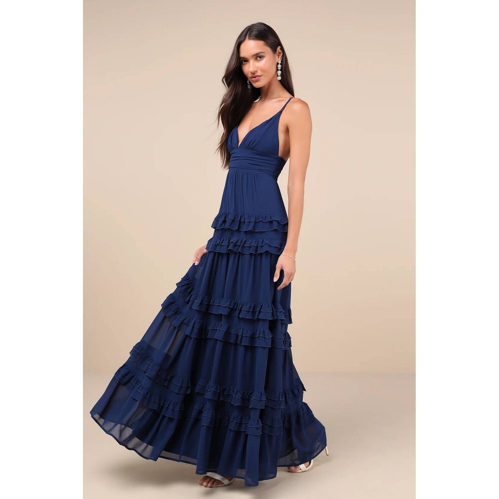 Lulus Lavish Perfection Navy Blue Ruffled Tiered Maxi Dress Size XS
